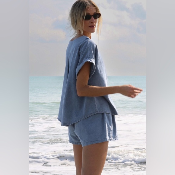 2Pc Denim Set Light Blue Cuffed Sleeve Tee Elastic Shorts Outfit NWT - Picture 2 of 4